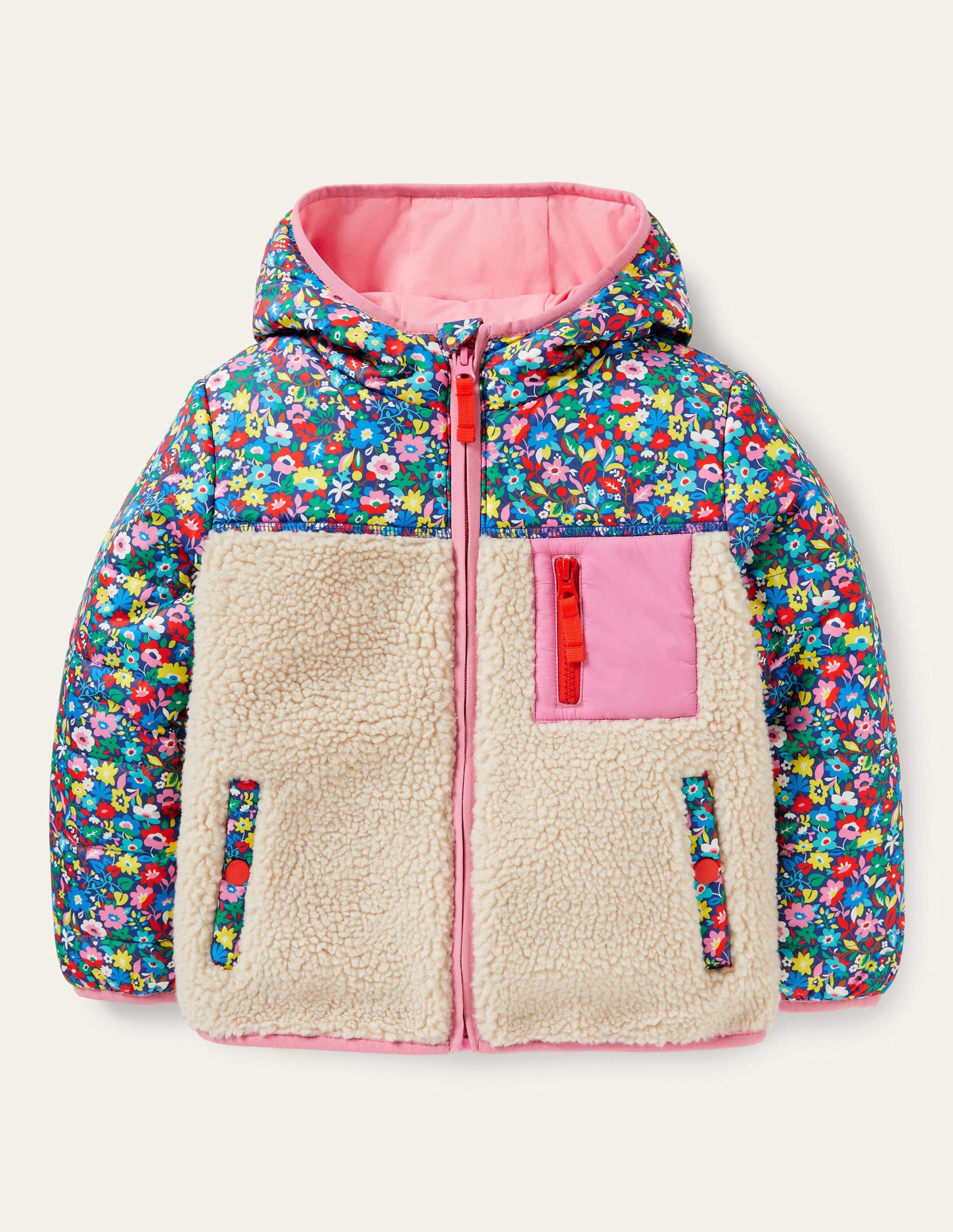 Borgjacke in Blockfarben-Bunt, Patchwork-Blumenmuster/Borg-1