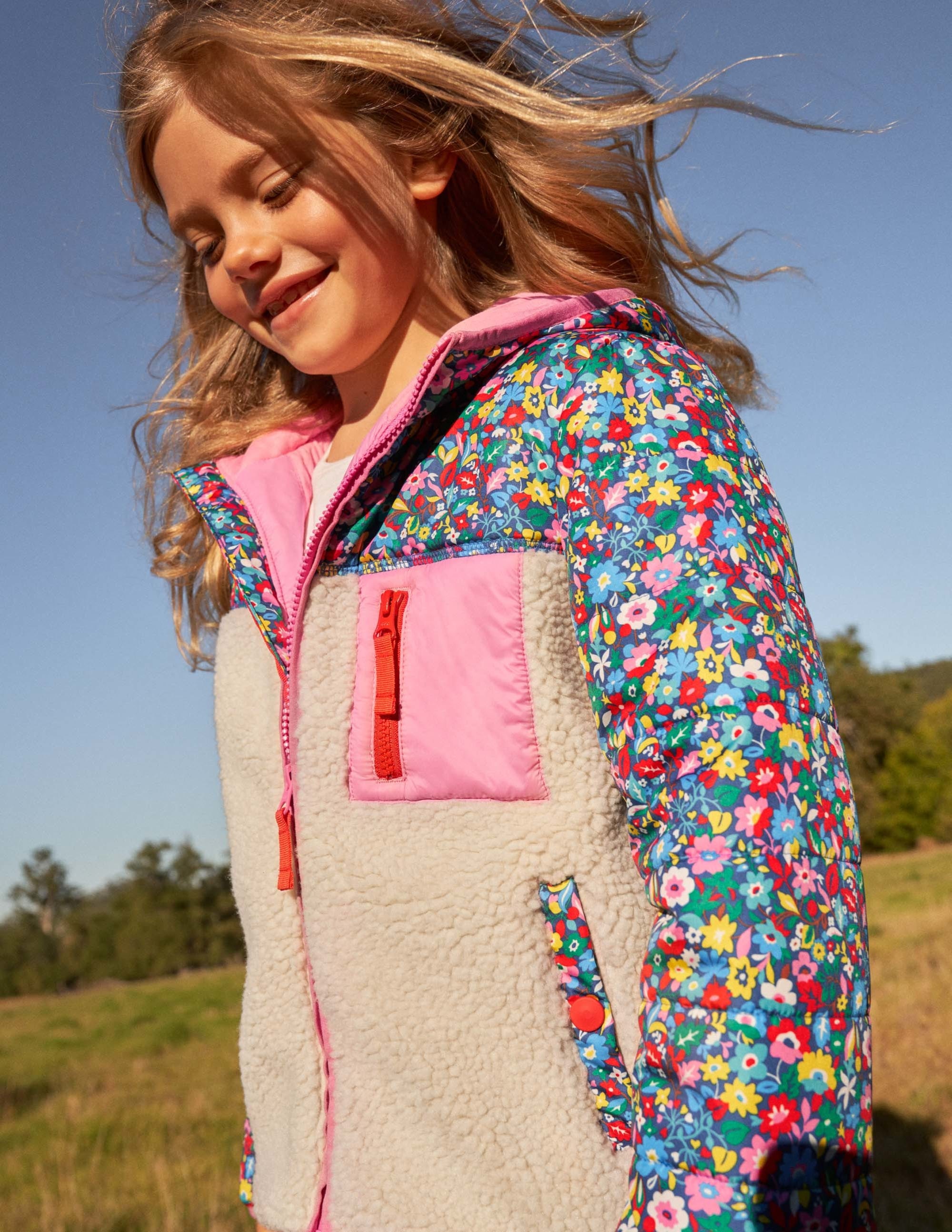 Borgjacke in Blockfarben-Bunt, Patchwork-Blumenmuster/Borg - Image 4