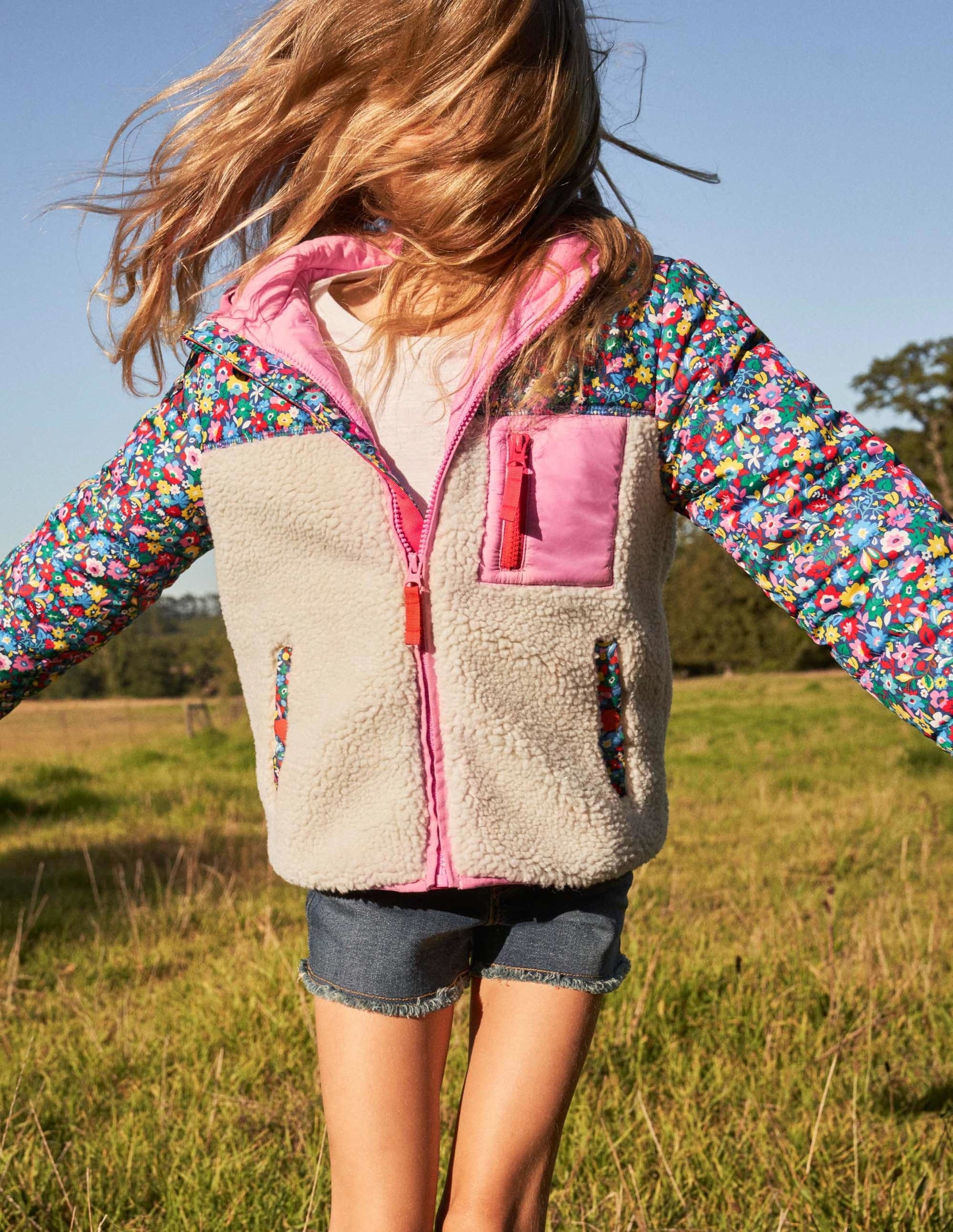 Borgjacke in Blockfarben-Bunt, Patchwork-Blumenmuster/Borg-7