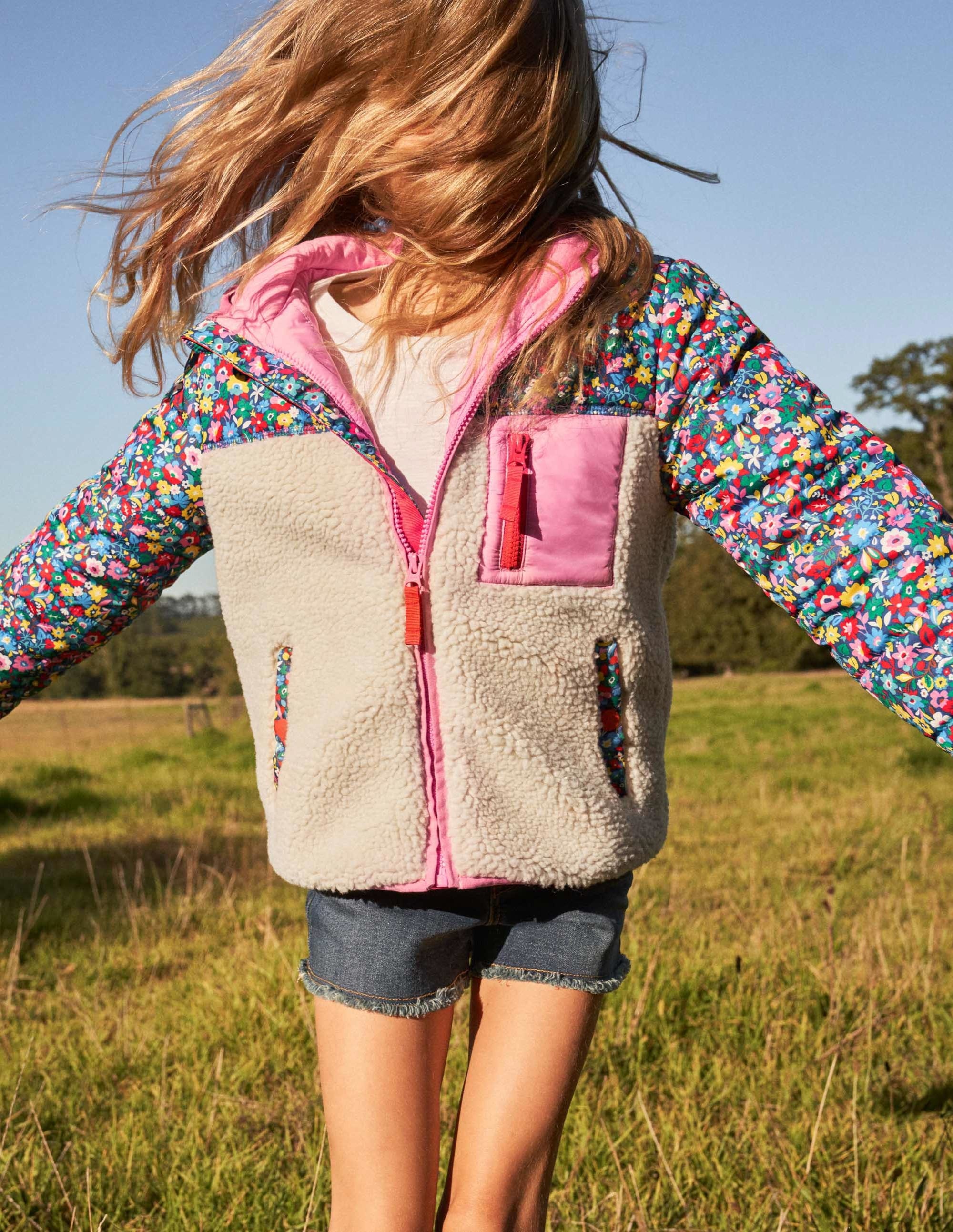 Borgjacke in Blockfarben-Bunt, Patchwork-Blumenmuster/Borg - Image 7