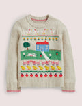 Pullover mit Bauernhof-Motiv-Hellbeige Meliert, Hausmotiv