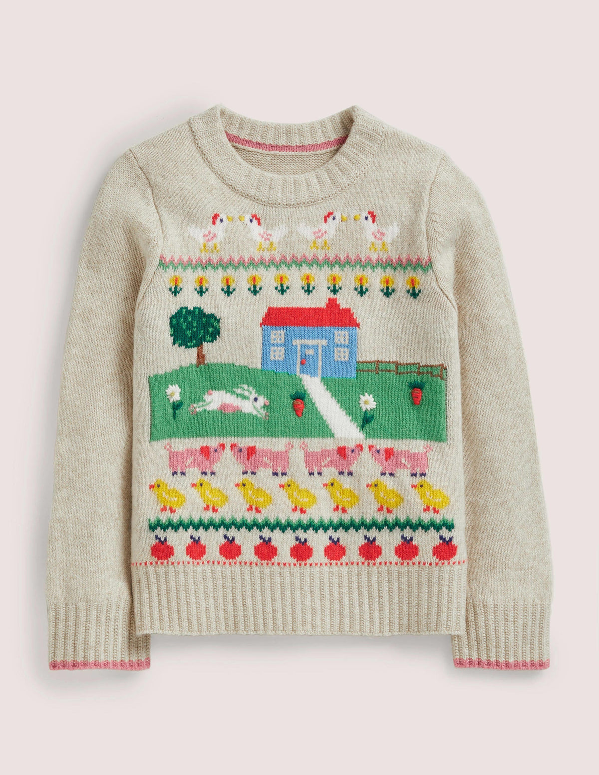 Pullover mit Bauernhof-Motiv-Hellbeige Meliert, Hausmotiv - Image 1