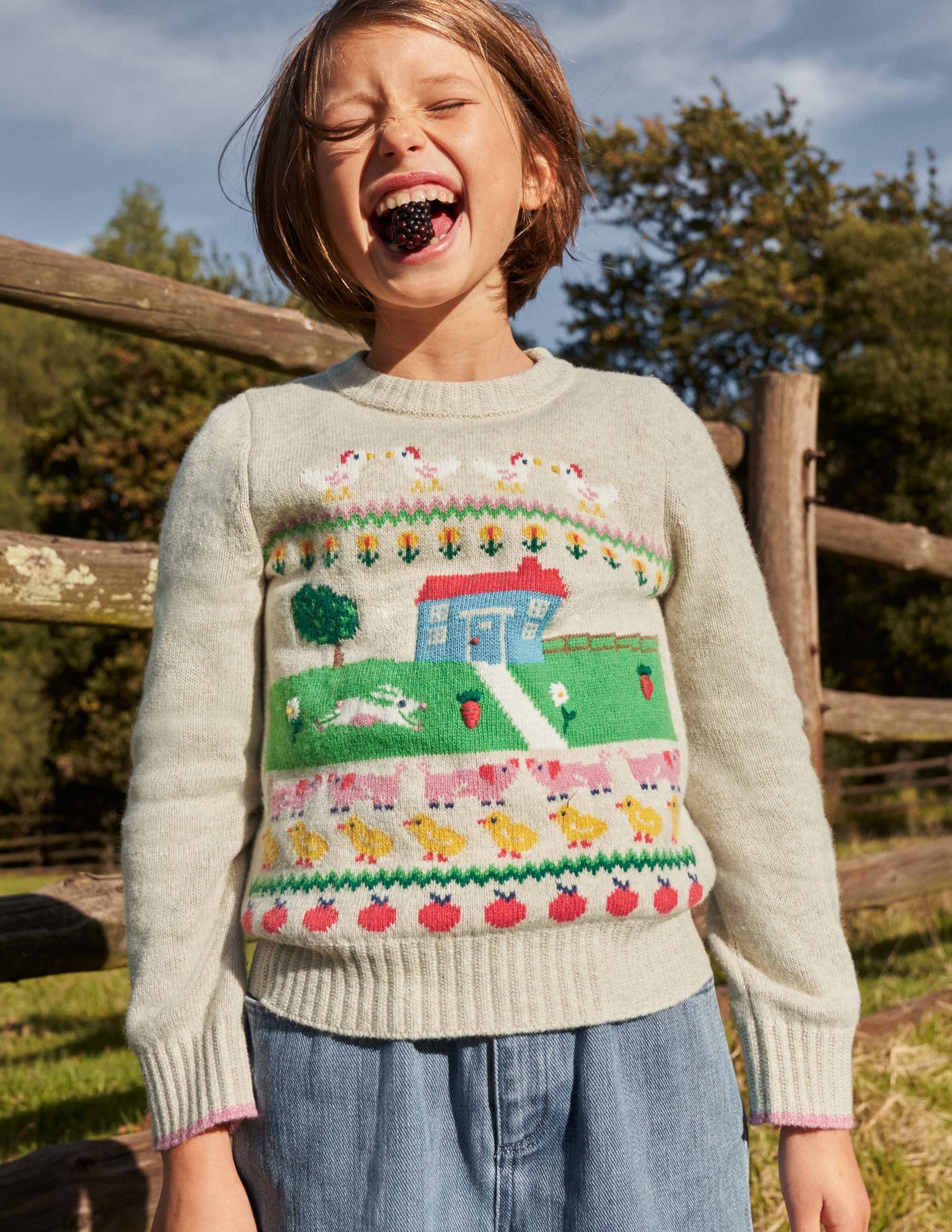 Pullover mit Bauernhof-Motiv-Hellbeige Meliert, Hausmotiv - Image 4