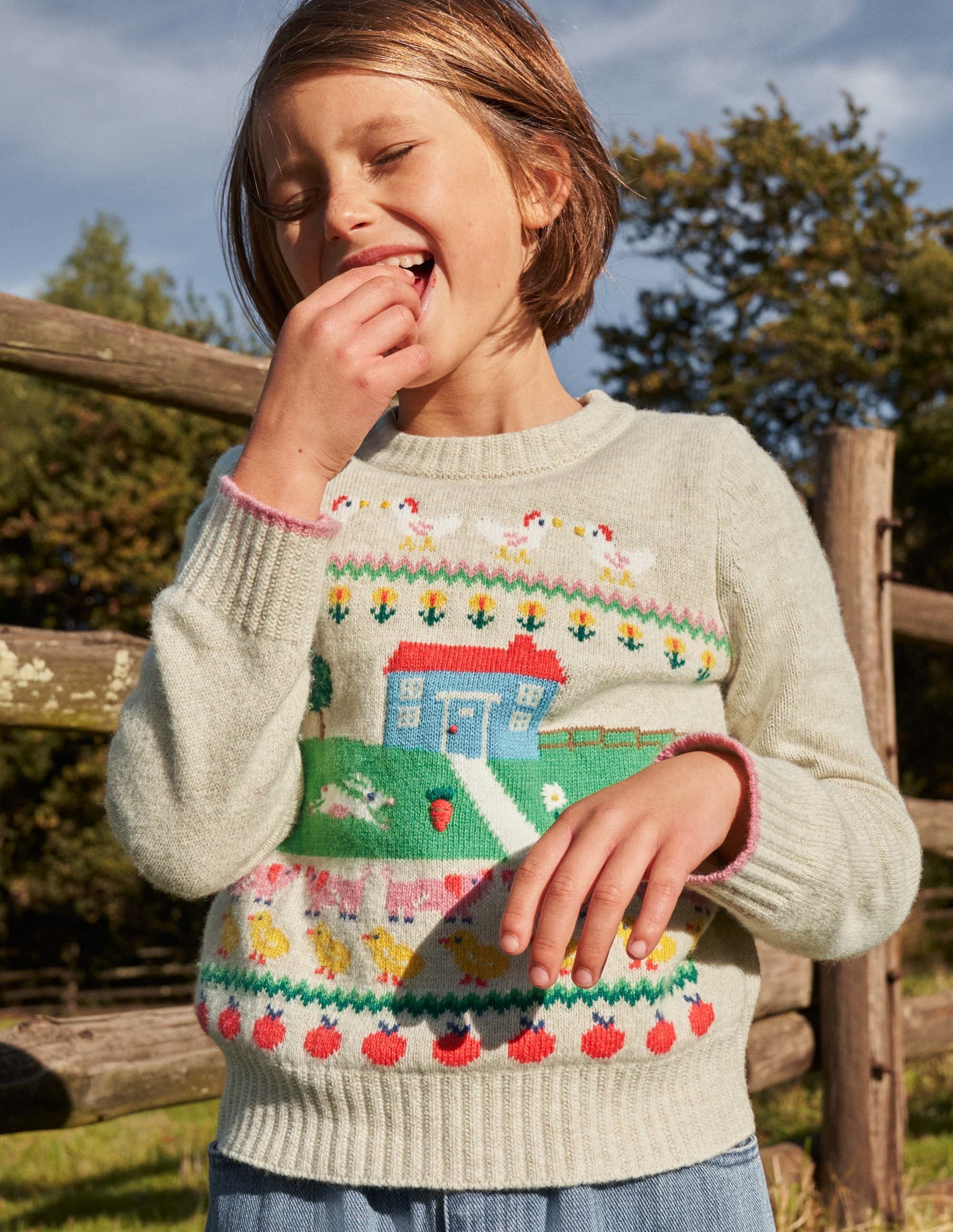 Pullover mit Bauernhof-Motiv-Hellbeige Meliert, Hausmotiv - Image 6
