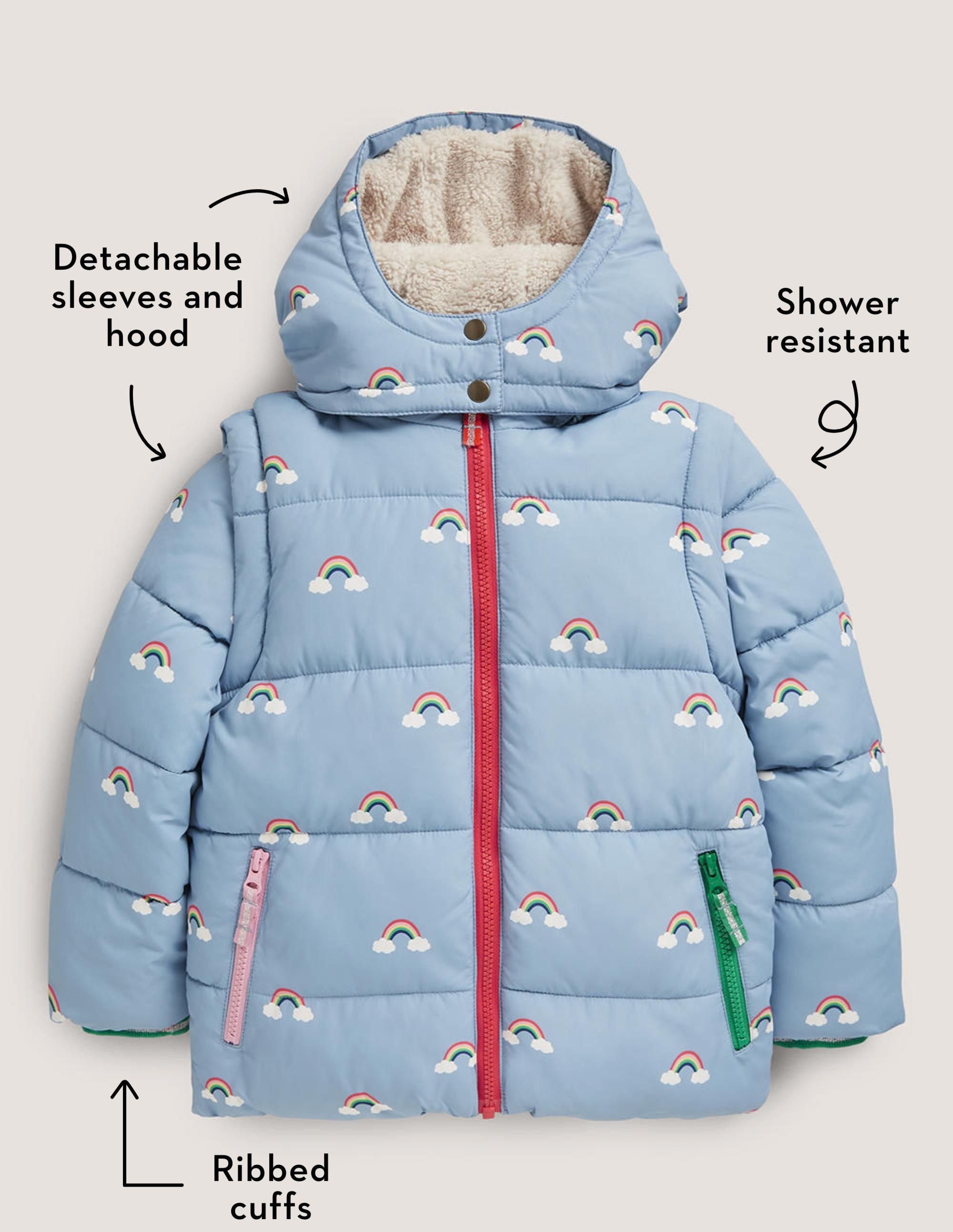 Blue Rainbow Print Puffer Jacket-Marokkoblau, Regenbogen - Image 5