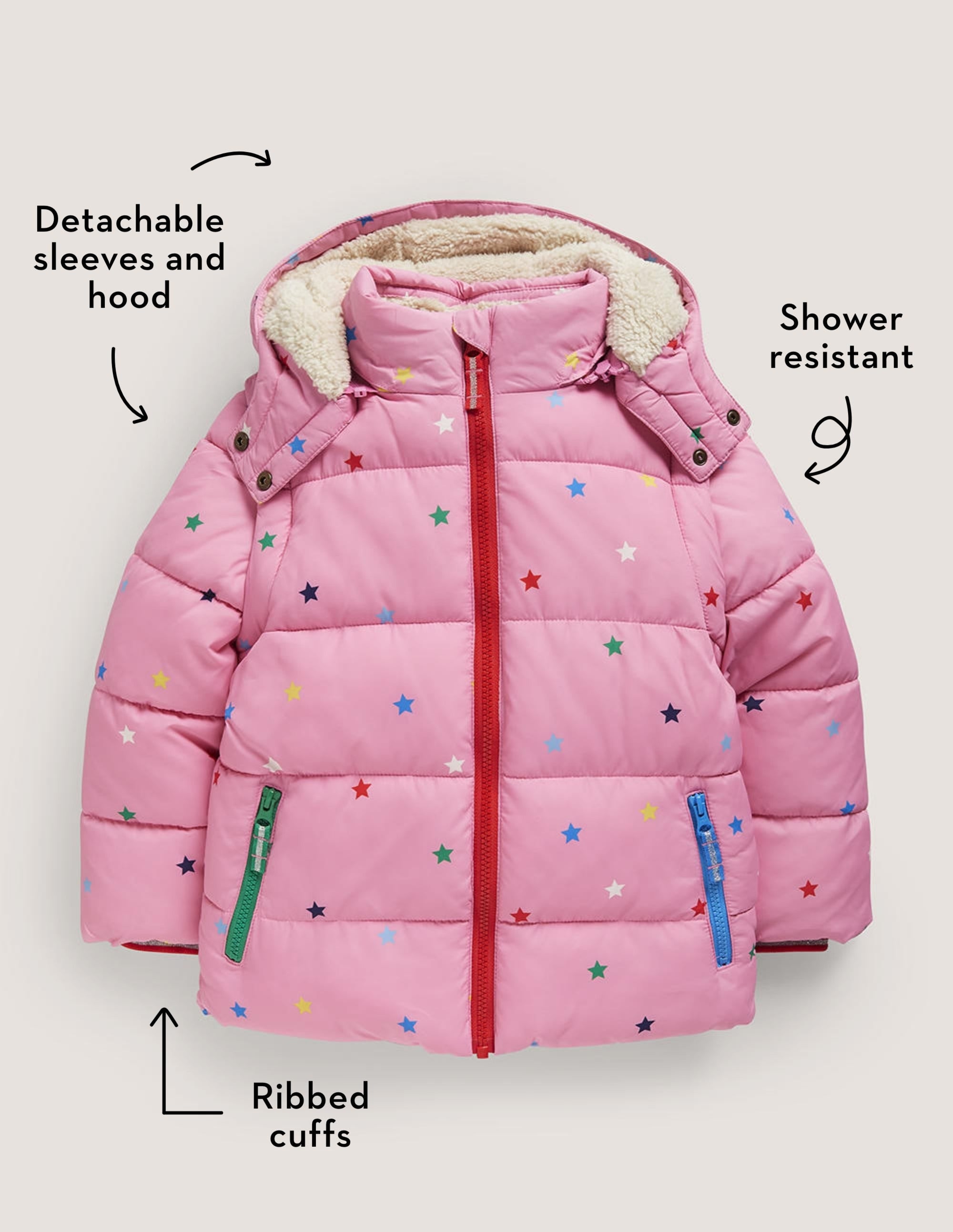 Pink Star Print Hooded Puffer Jacket-Bright Petal Pink Multi Star - Image 5