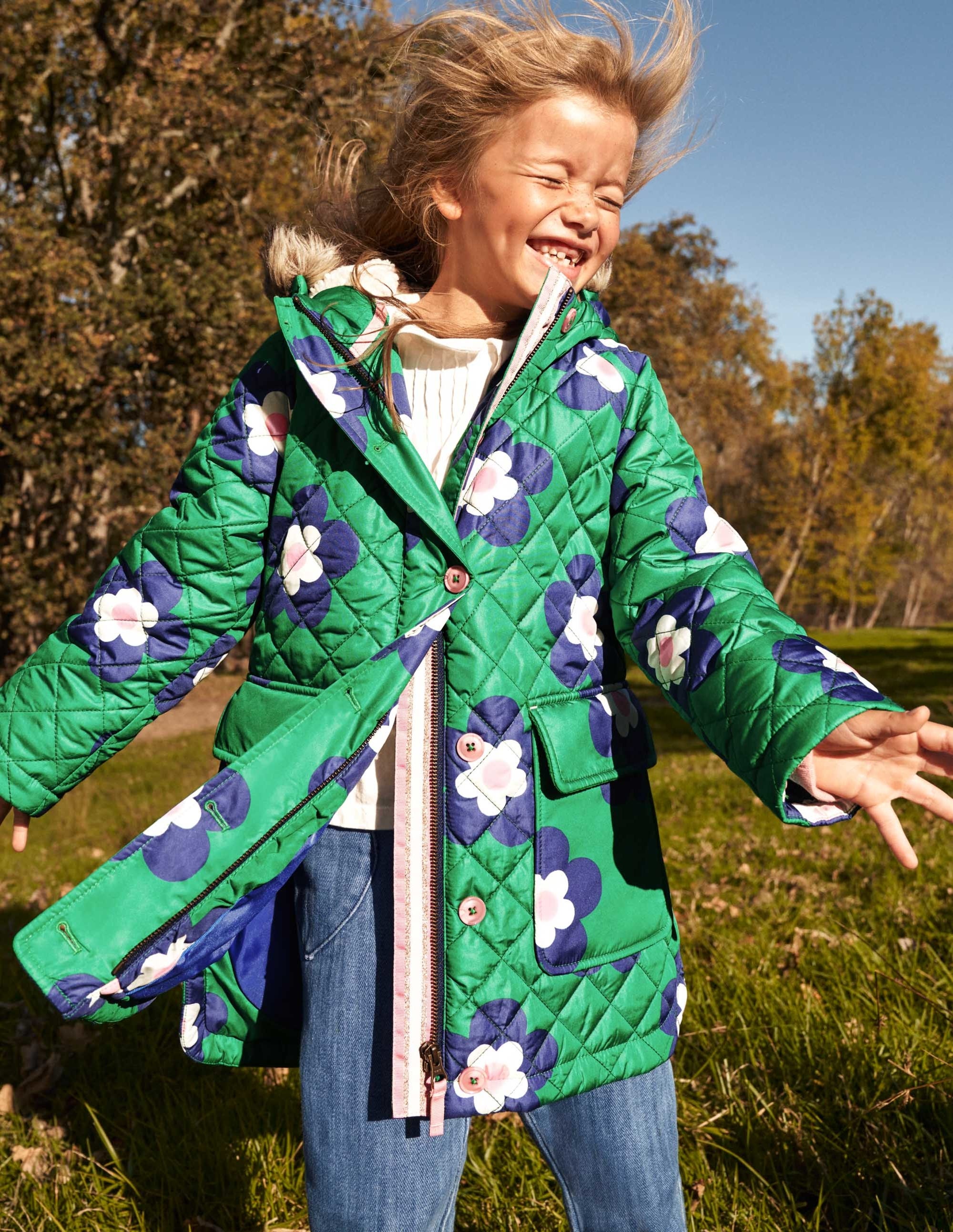 Green Floral Longline Quilted Jacket-Green Daisy Geo - Image 7
