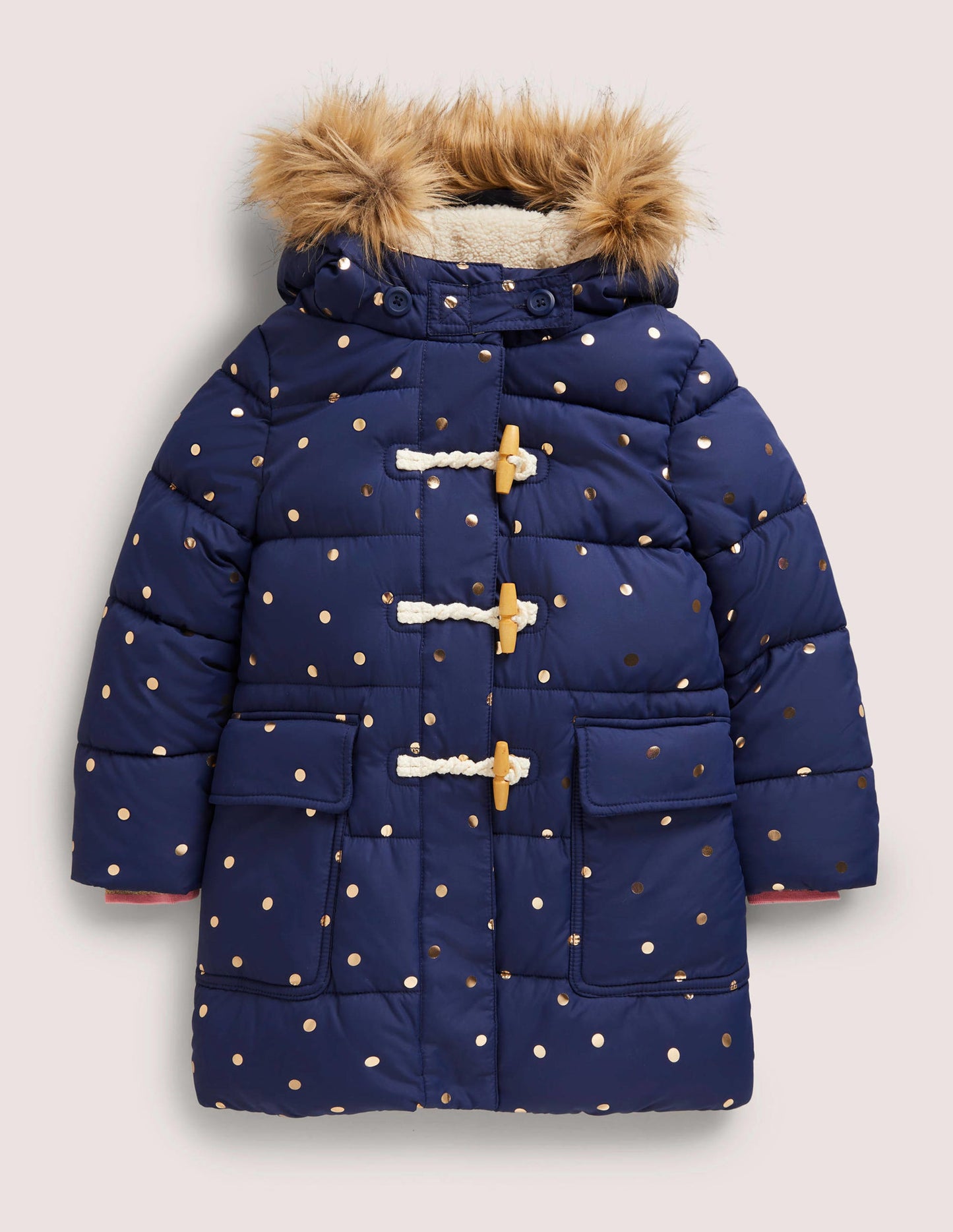 Gold Polka Dot Navy Puffer Jacket-Schuluniform-Navy, Folientupfen