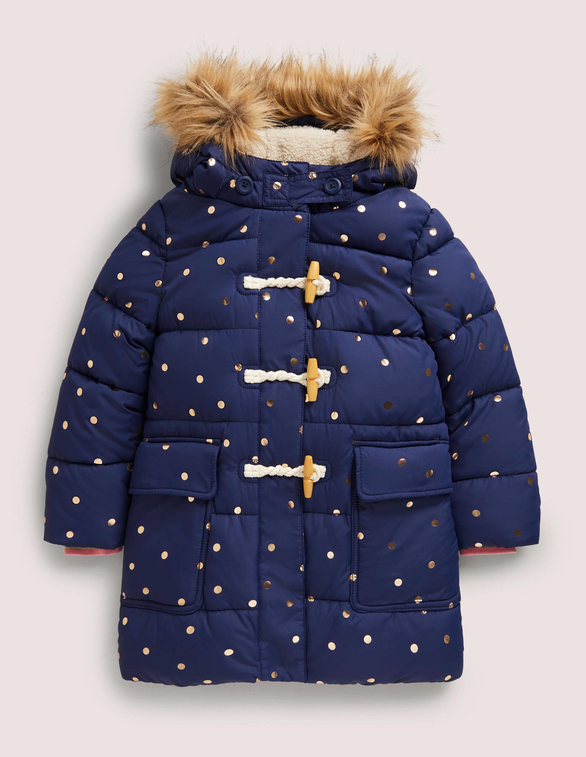Gold Polka Dot Navy Puffer Jacket-Schuluniform-Navy, Folientupfen-1