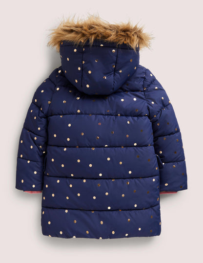 Gold Polka Dot Navy Puffer Jacket-Schuluniform-Navy, Folientupfen-2