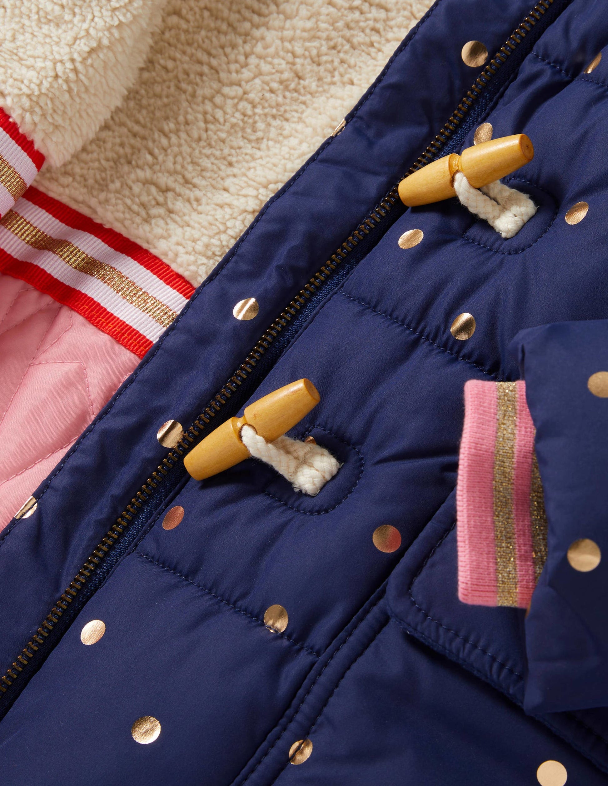 Gold Polka Dot Navy Puffer Jacket-Schuluniform-Navy, Folientupfen-3