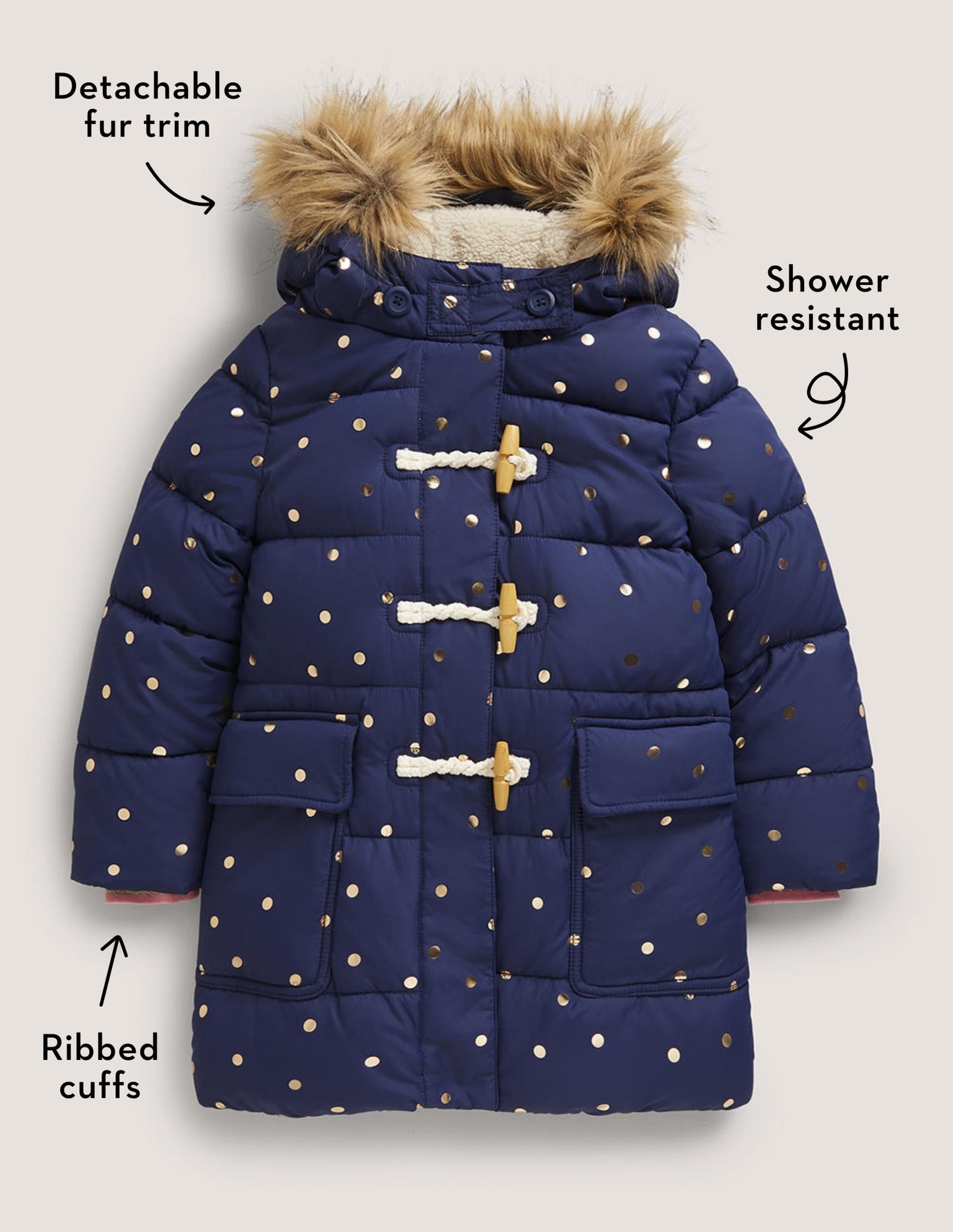 Gold Polka Dot Navy Puffer Jacket-Schuluniform-Navy, Folientupfen