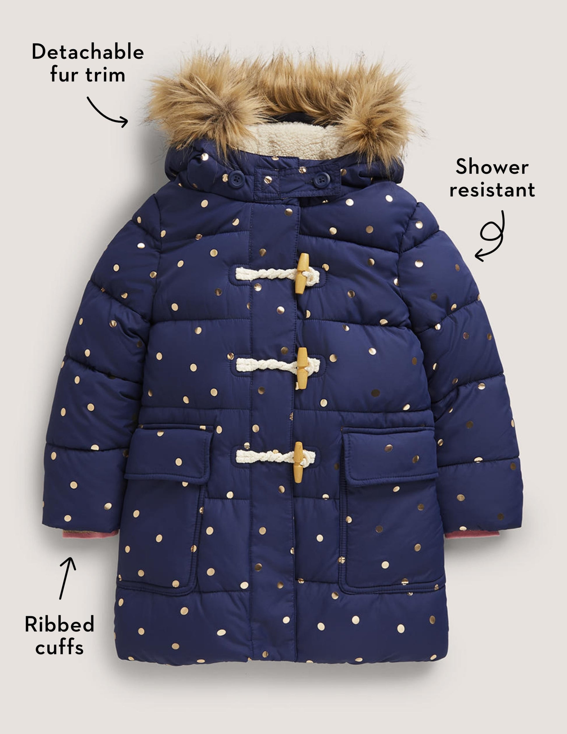 Gold Polka Dot Navy Puffer Jacket-Schuluniform-Navy, Folientupfen-5