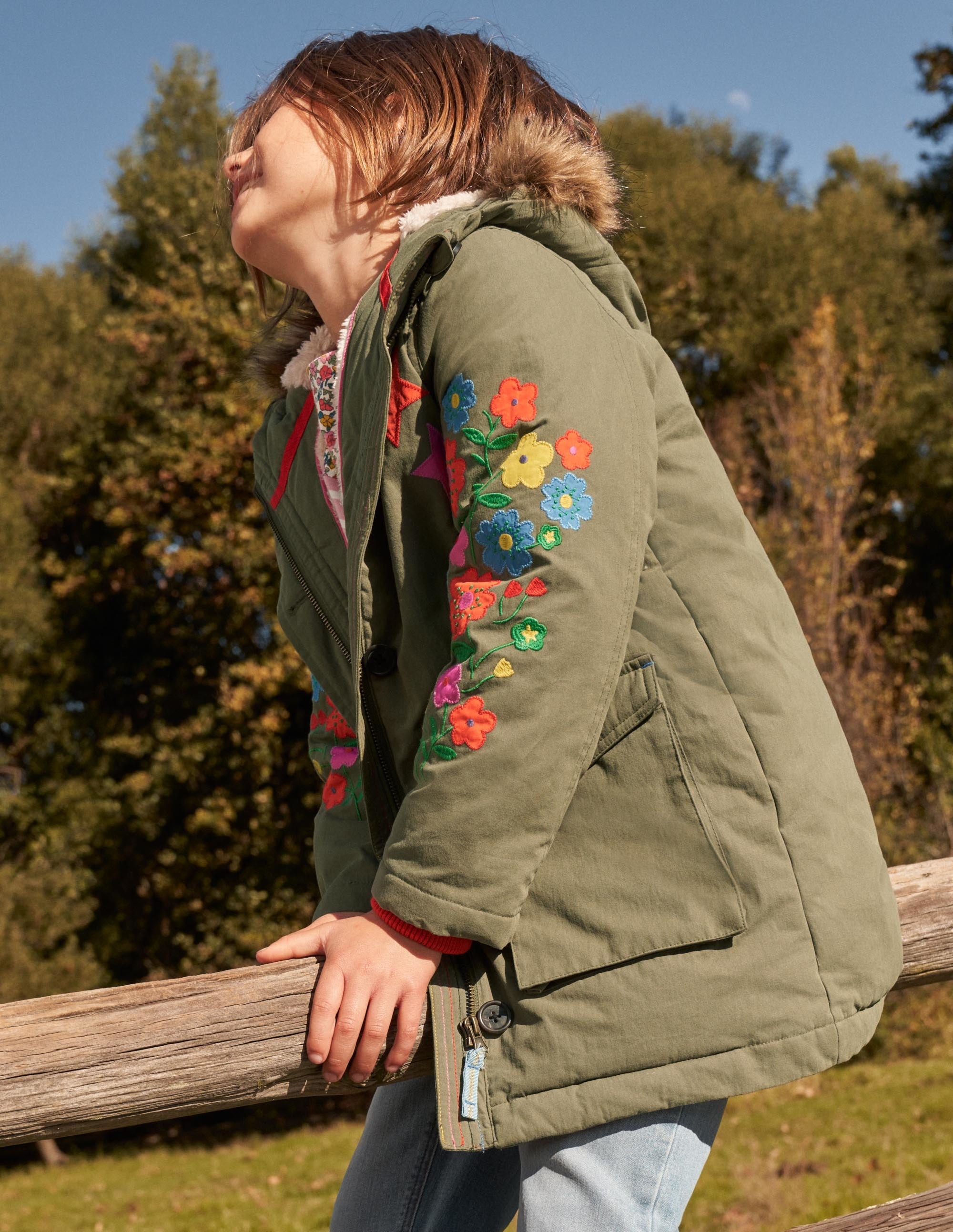 Floral Sleeve Longline Coat-Army Green Floral - Image 11