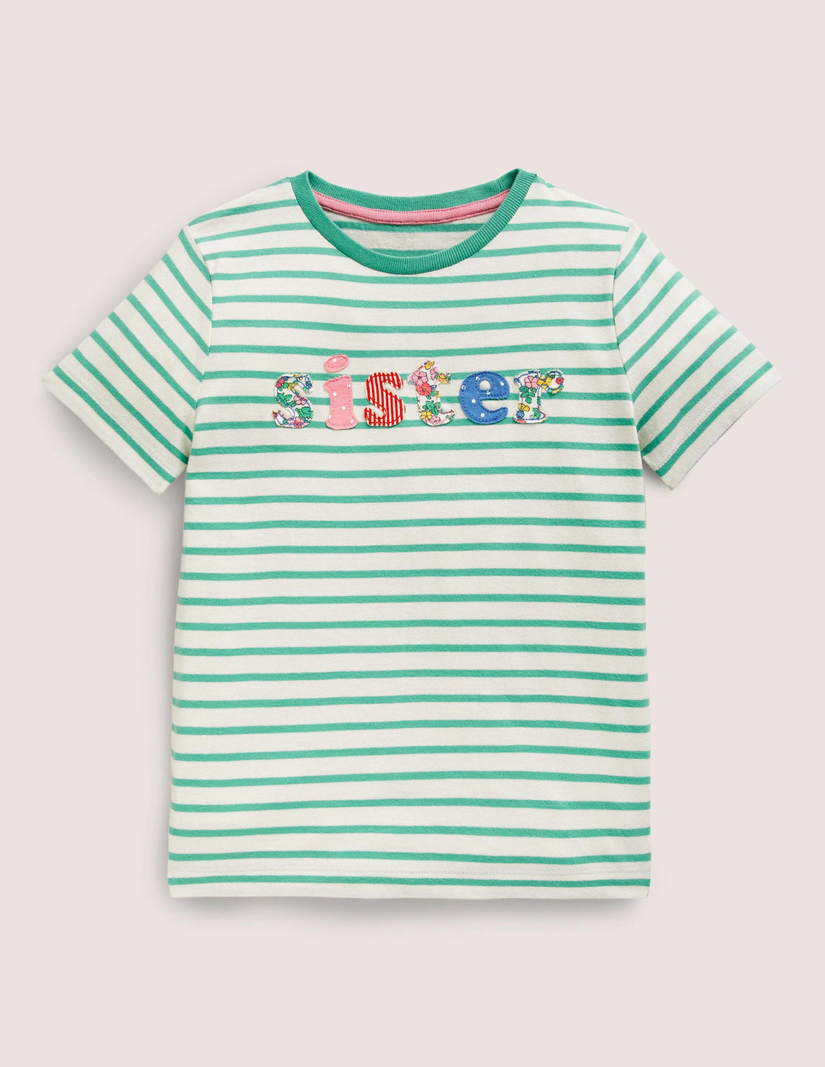 T-Shirt mit Sister-Schriftzug-Spargelgrün/Naturweiß-1