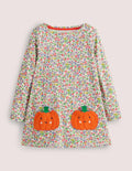 Halloween Pumpkin Pocket Floral Dress-Naturweiß, Vintage-Blumenmuster/Kürbis