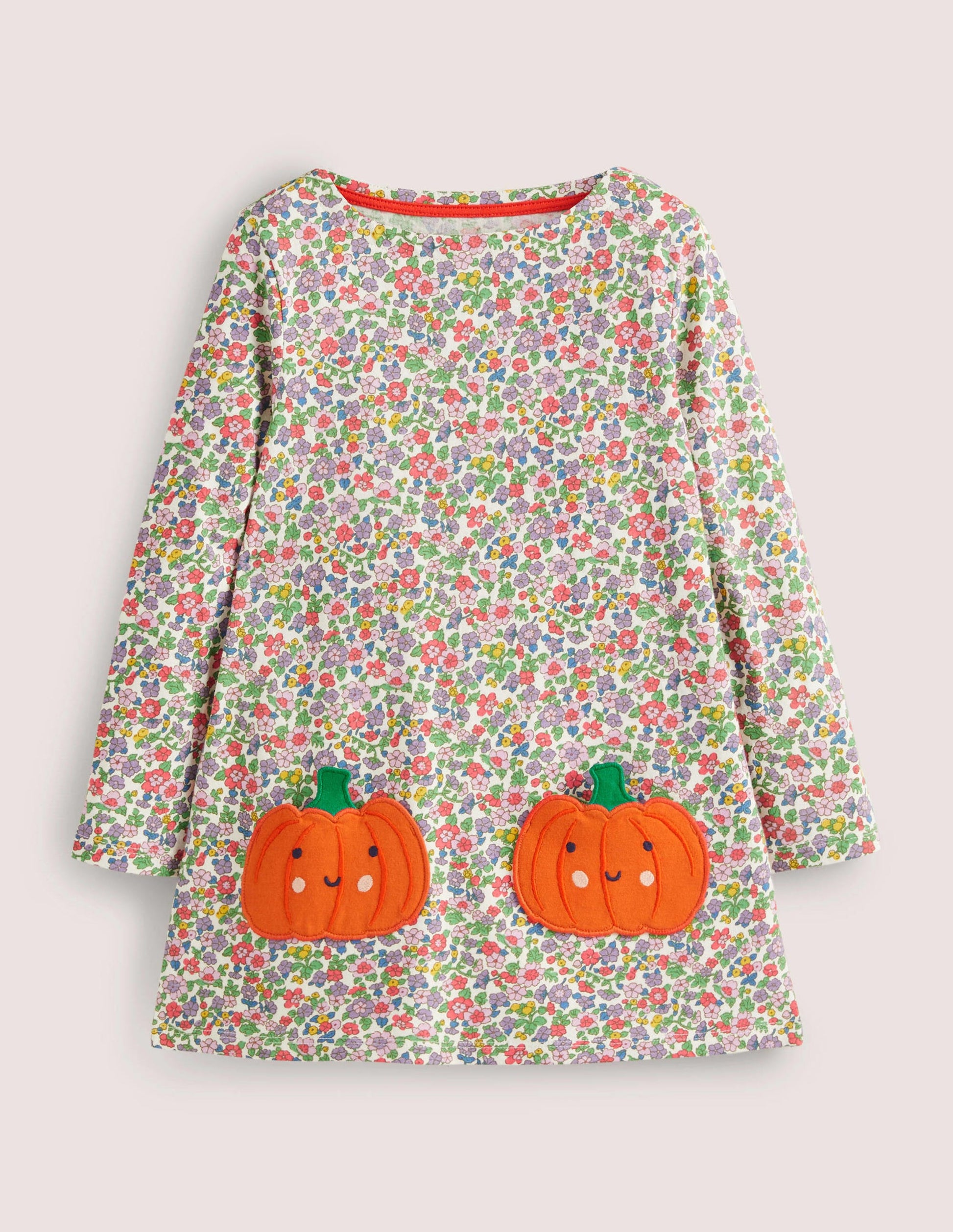 Halloween Pumpkin Pocket Floral Dress-Naturweiß, Vintage-Blumenmuster/Kürbis-1