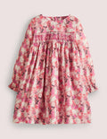 Pink Bunny Print Long-sleeved Smock Dress-Kirschblütenrosa, Häschen im Feld