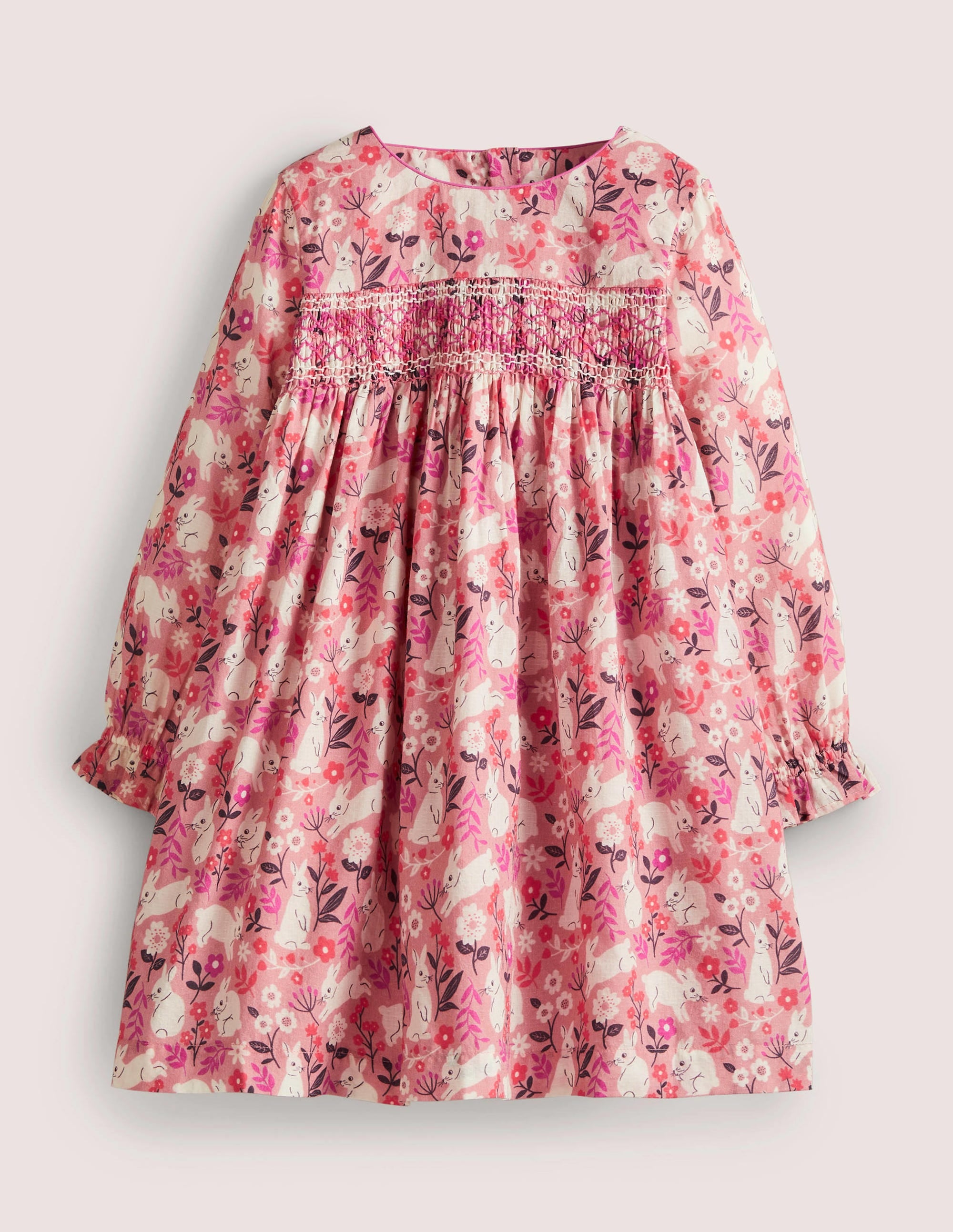 Pink Bunny Print Long-sleeved Smock Dress-Kirschblütenrosa, Häschen im Feld - Image 1