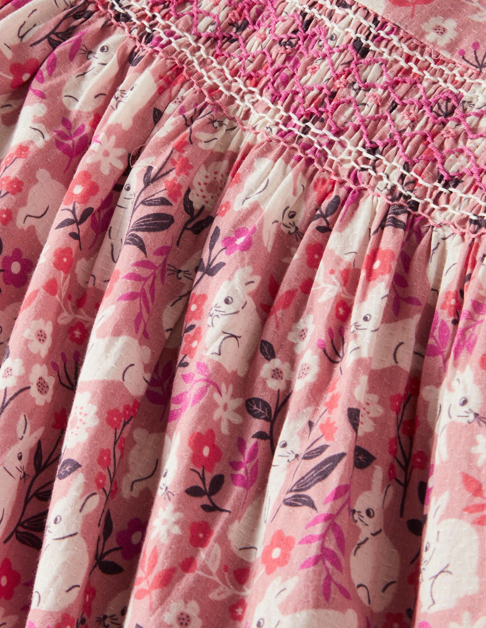 Pink Bunny Print Long-sleeved Smock Dress-Kirschblütenrosa, Häschen im Feld-3