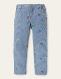 Girlfriend-Jeans-Blumenstickerei/Feine Streifen