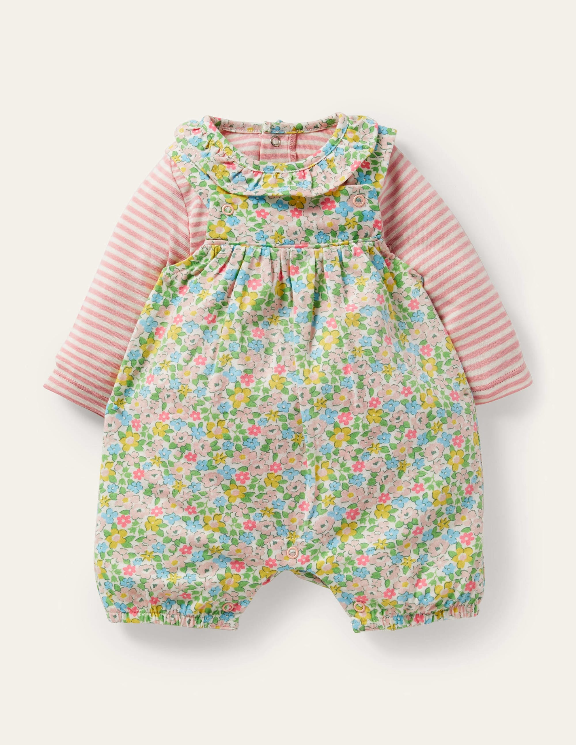 Ensemble bio GOTS avec salopette-Motif Spring Floral aigue-marine - Image 1