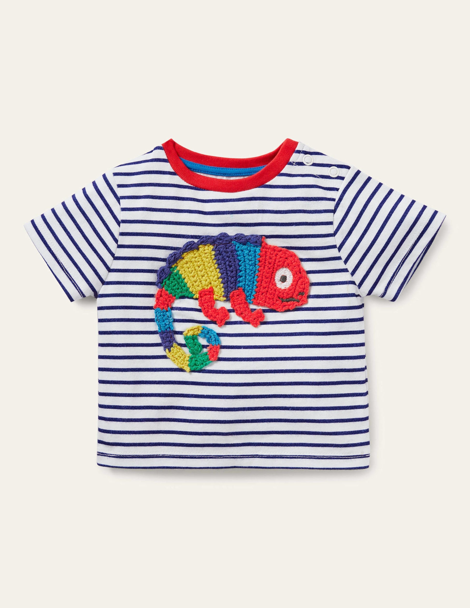 Gestreiftes T-Shirt mit Häkelapplikation-Naturweiß/Steuerbord Chamäleon-1