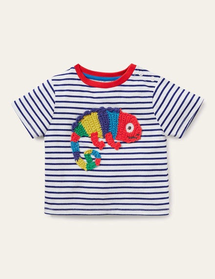 Gestreiftes T-Shirt mit Häkelapplikation-Naturweiß/Steuerbord Chamäleon