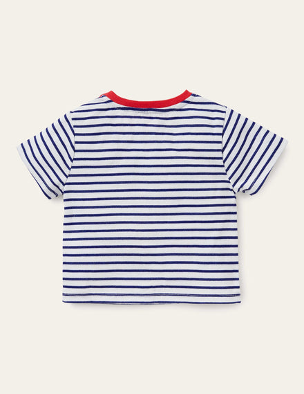 Gestreiftes T-Shirt mit Häkelapplikation-Naturweiß/Steuerbord Chamäleon