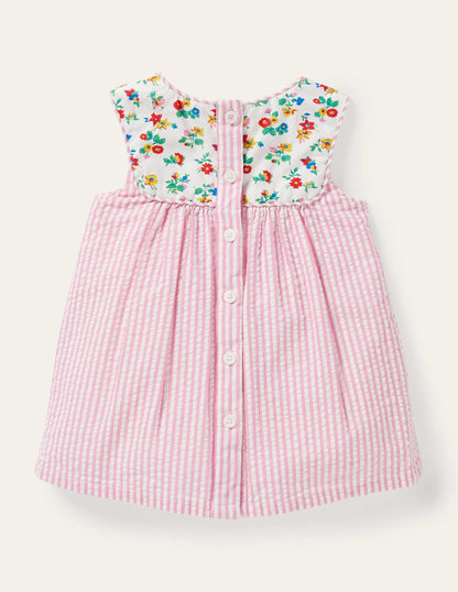 Ticking Woven Pinnie-Ivory/Petal Pink Ticking