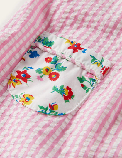 Ticking Woven Pinnie-Ivory/Petal Pink Ticking