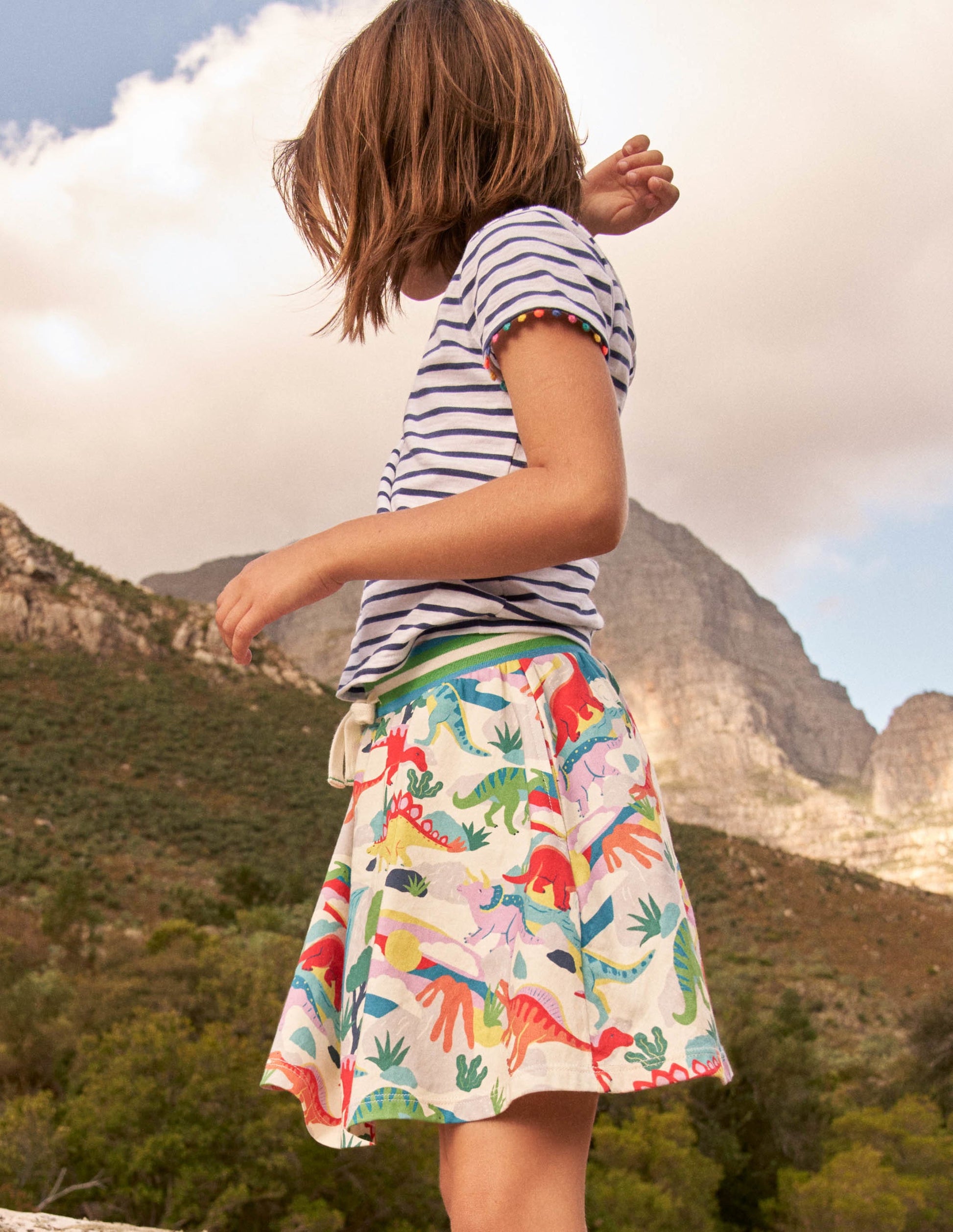 Gemusterter Jersey-Skort-Naturweiß, Dinosaurier/Sonnenuntergang-5