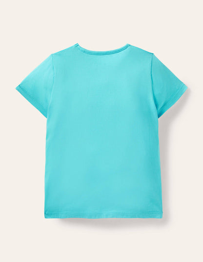 Kurzärmliges T-Shirt mit Applikation-Türkis, Surfende Katzen