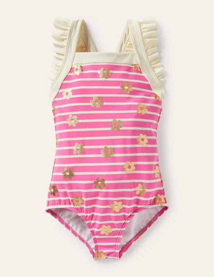 Frilly Cross-back Swimsuit-Strawberry Pink Foil Daisy
