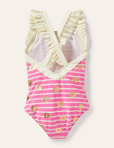 Frilly Cross-back Swimsuit-Strawberry Pink Foil Daisy