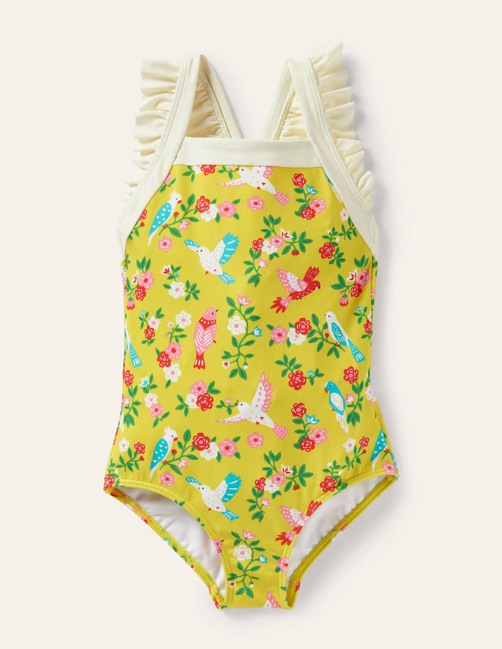 Frilly Cross-back Swimsuit-Sweetcorn Tropical Garden