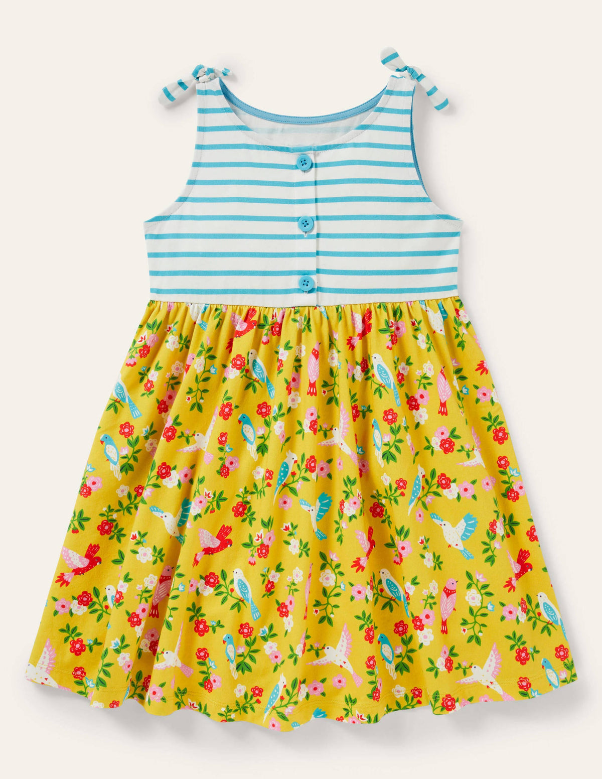 Mustermixkleid mit Trägern zum Binden-Maisgelb/Türkis, Tropenmuster - Image 1