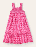 Robe midi volantée-Broderie rose pétale vif