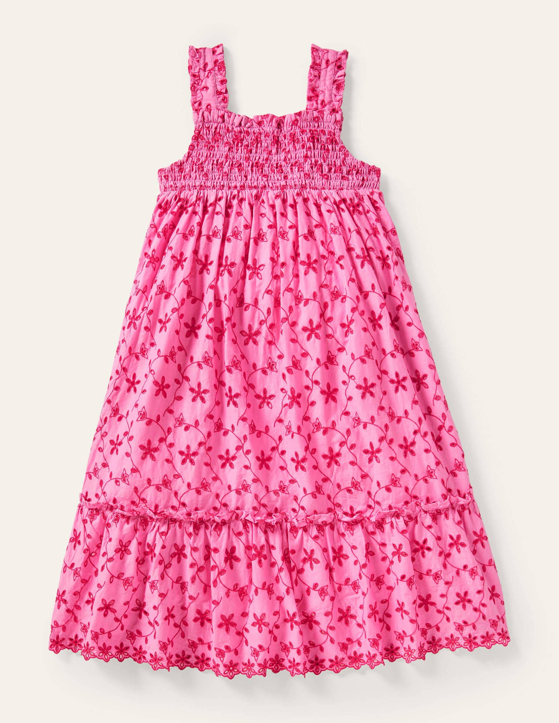 Robe midi volantée-Broderie rose pétale vif-1