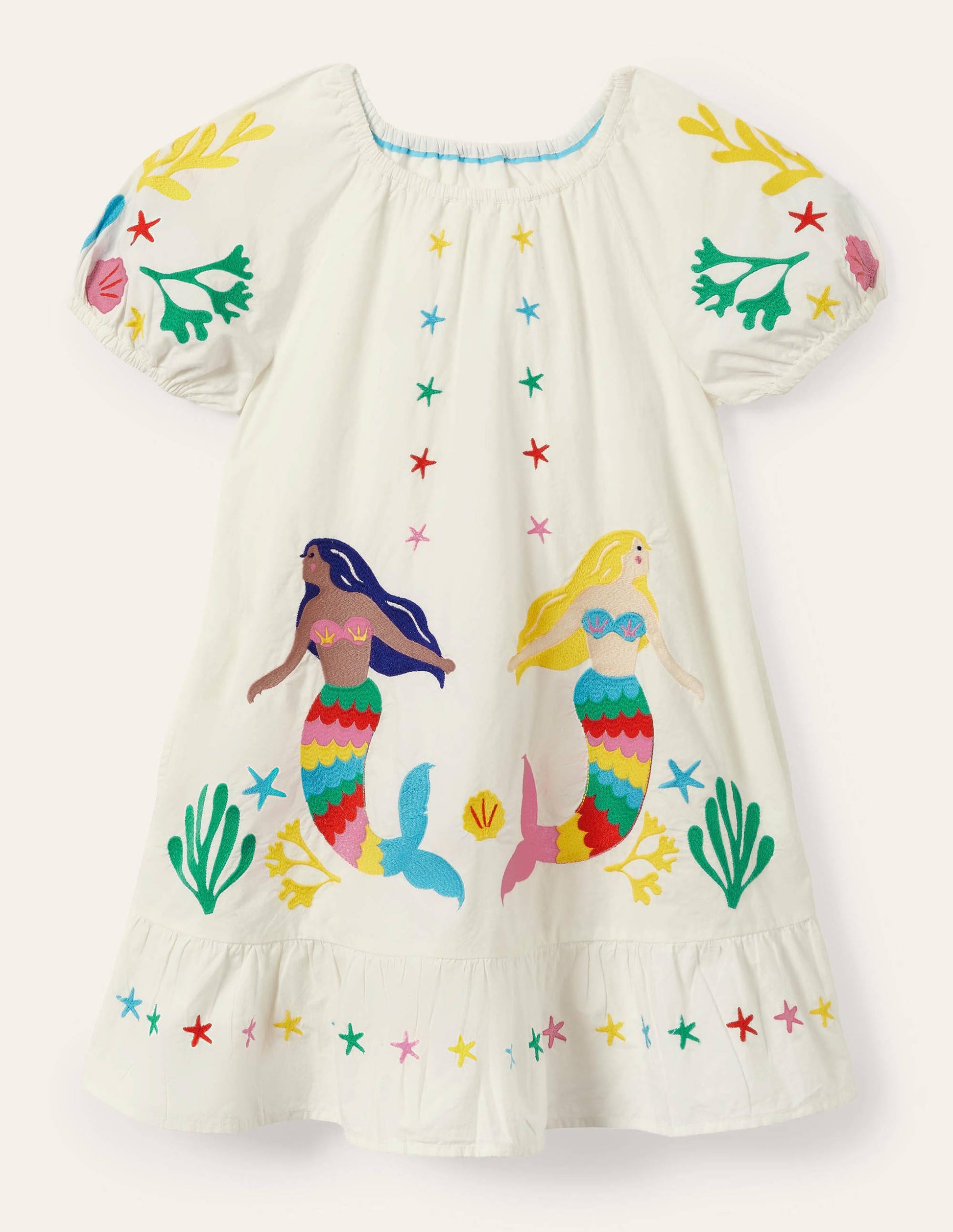 Puff Sleeve Embroidered Dress-Ivory Mermaids-1