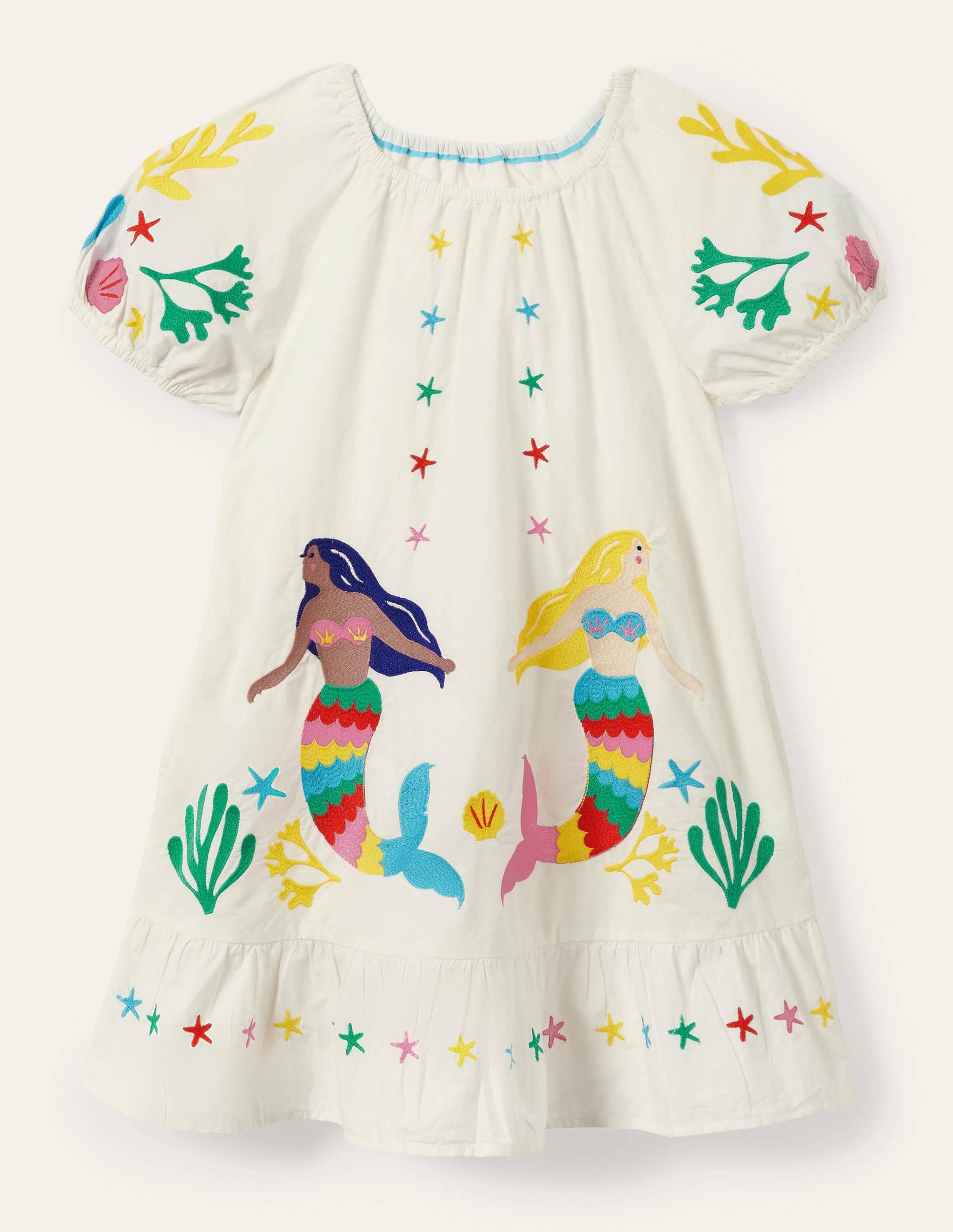 Puff Sleeve Embroidered Dress-Ivory Mermaids - Image 1