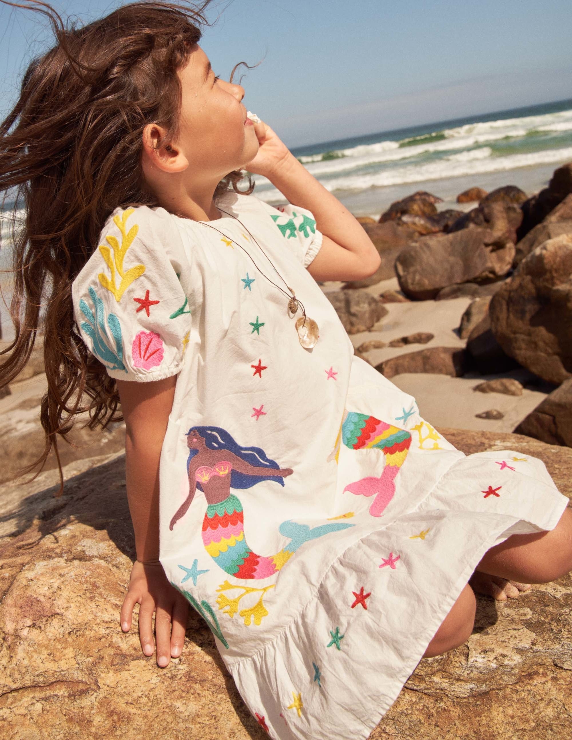 Puff Sleeve Embroidered Dress-Ivory Mermaids - Image 5