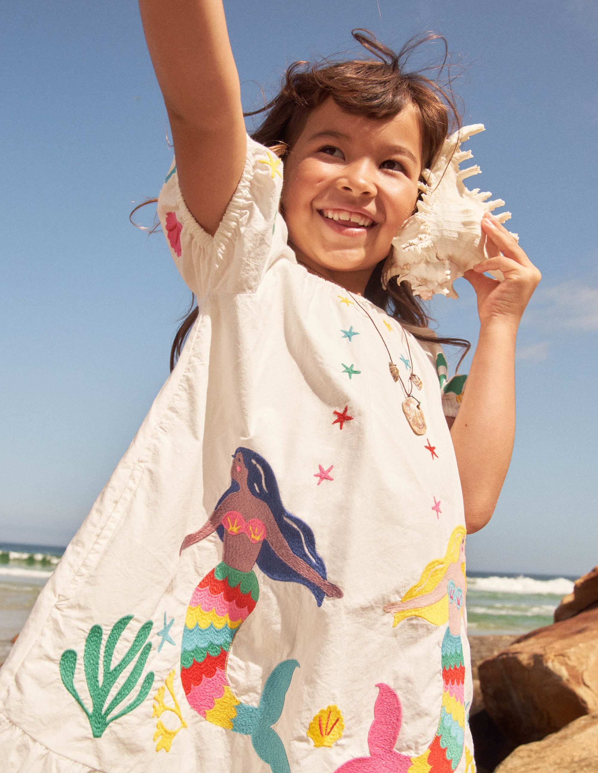 Puff Sleeve Embroidered Dress-Ivory Mermaids - Image 6