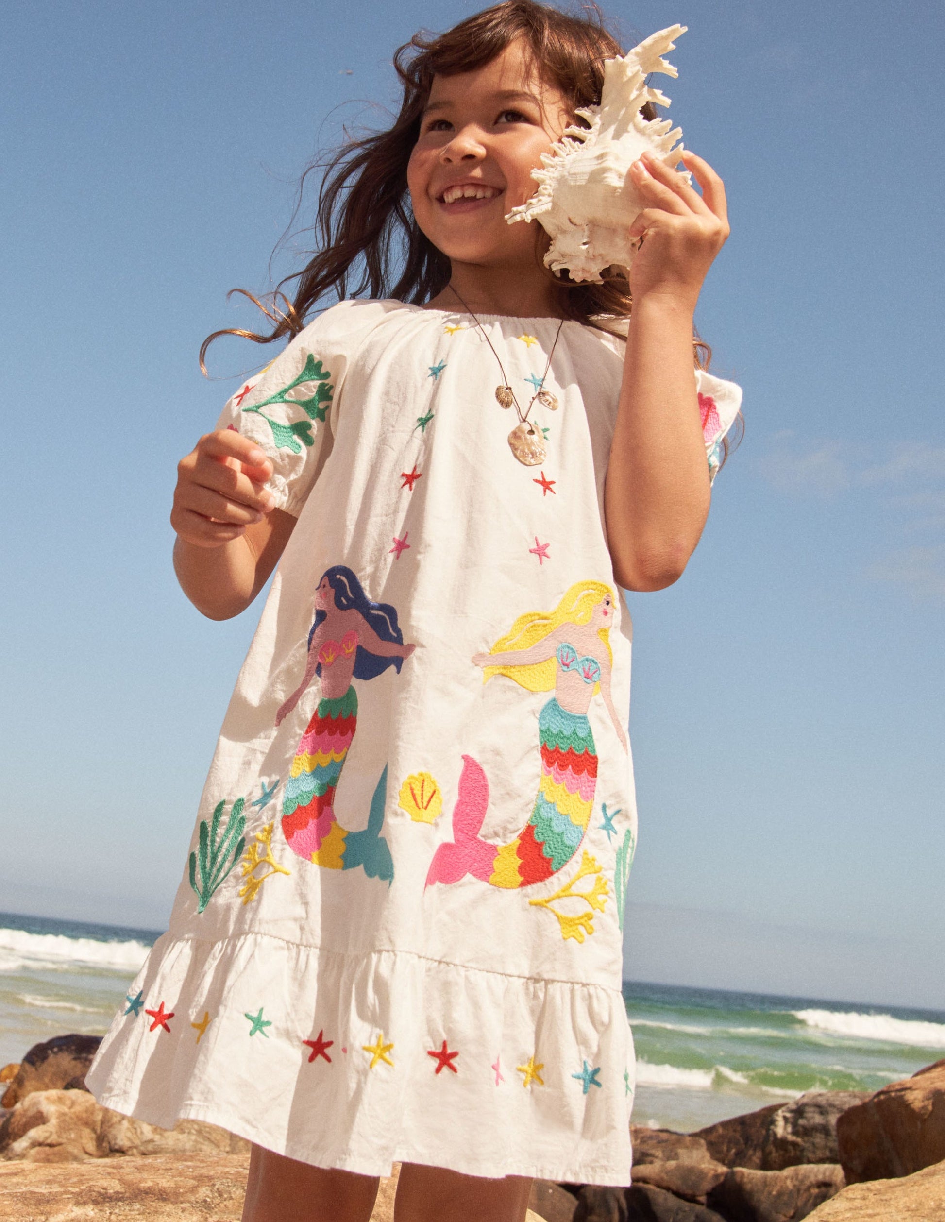 Puff Sleeve Embroidered Dress-Ivory Mermaids-7