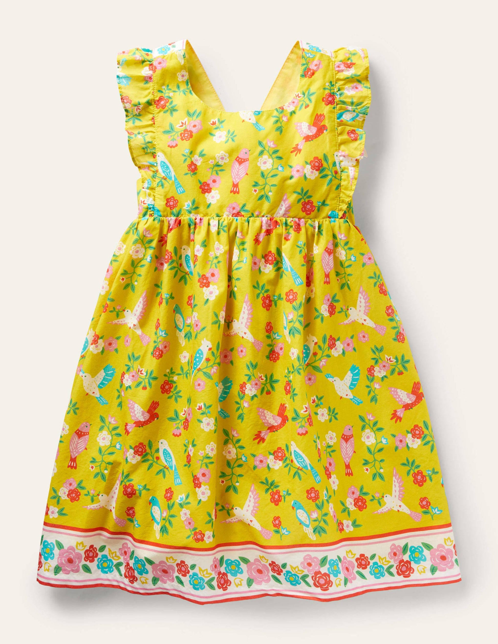 Kleid mit Rückenschleife-Maisgelb, Tropenmuster-1