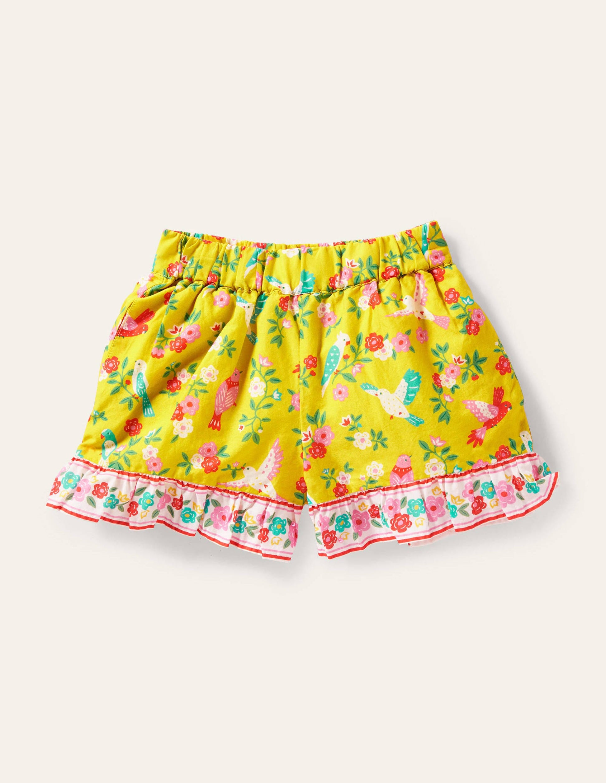 Gemusterte Shorts mit gerüschtem Saum-Maisgelb, Tropenmuster-1