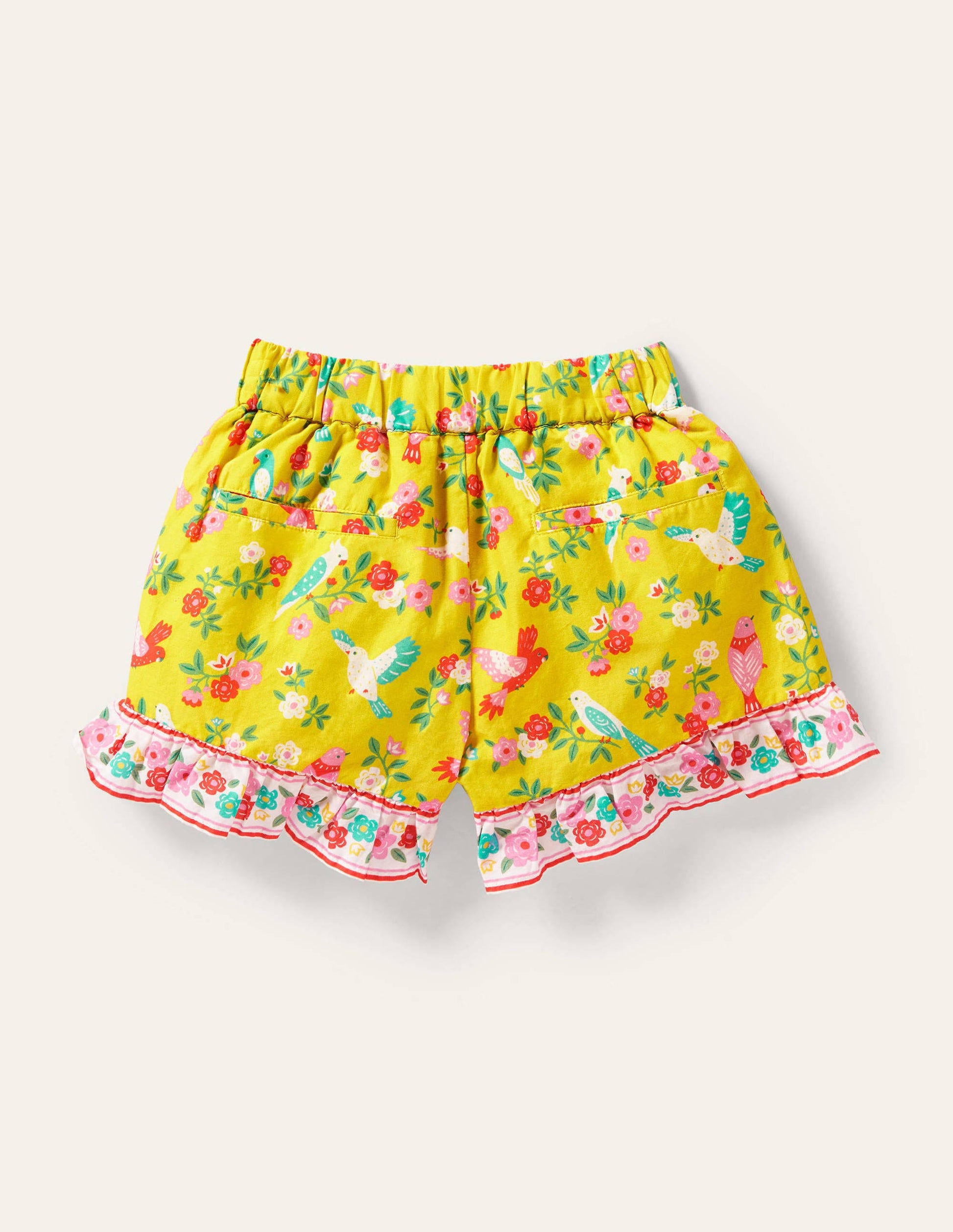 Gemusterte Shorts mit gerüschtem Saum-Maisgelb, Tropenmuster-2