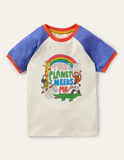 Gemustertes Raglan-T-Shirt mit Grafik-Naturweiß, Planet Needs Me