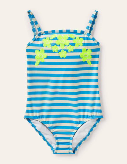 Badeanzug mit Stickereien-Malibu-Blau, Gestreift