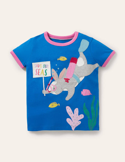 Appliqué Ringer T-shirt-Bright Marina Blue Rabbit
